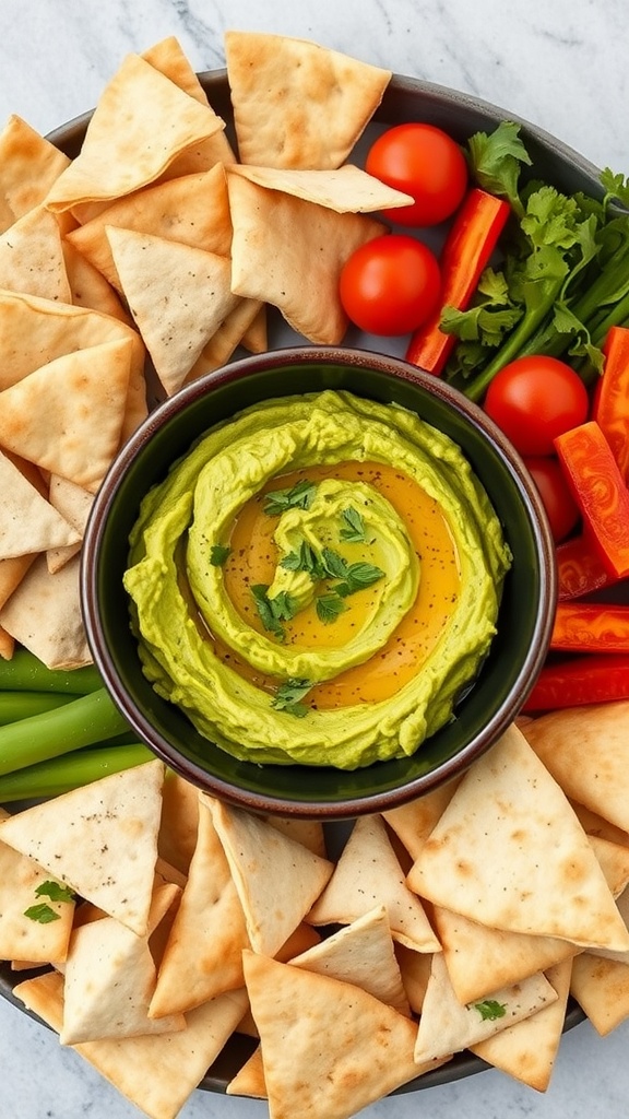 A bowl of spicy avocado hummus dip surrounded by pita chips and fresh vegetables.