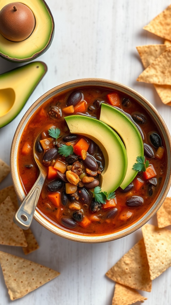 A bowl of spicy black bean soup topped with avocado and served with tortilla chips.