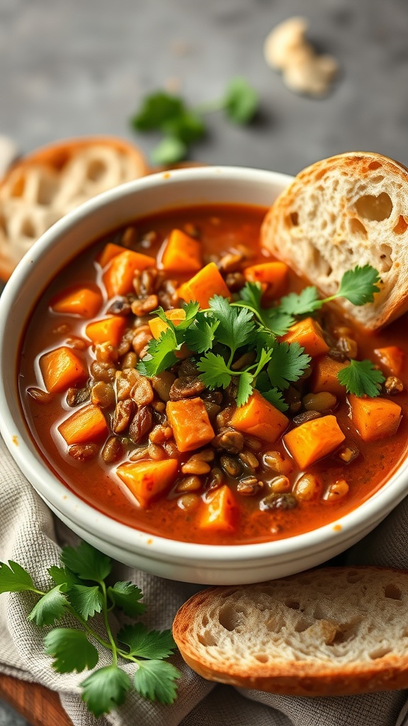 A bowl of spicy lentil and sweet potato chili garnished with cilantro, with slices of crusty bread beside it.