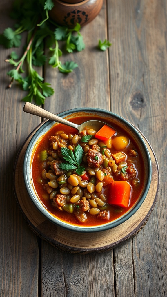 A bowl of spicy lentil and vegetable stew garnished with parsley on a wooden table.