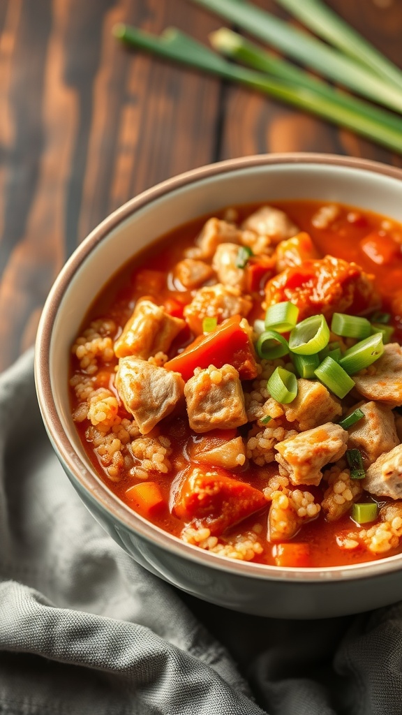 A bowl of Spicy Turkey and Quinoa Stew topped with green onions, served on a wooden table.