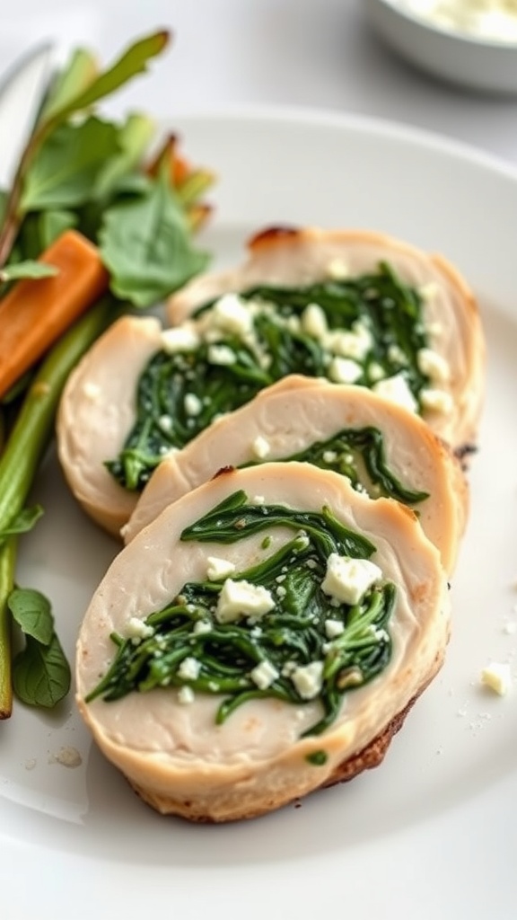 Spinach and feta stuffed chicken breast served with vegetables