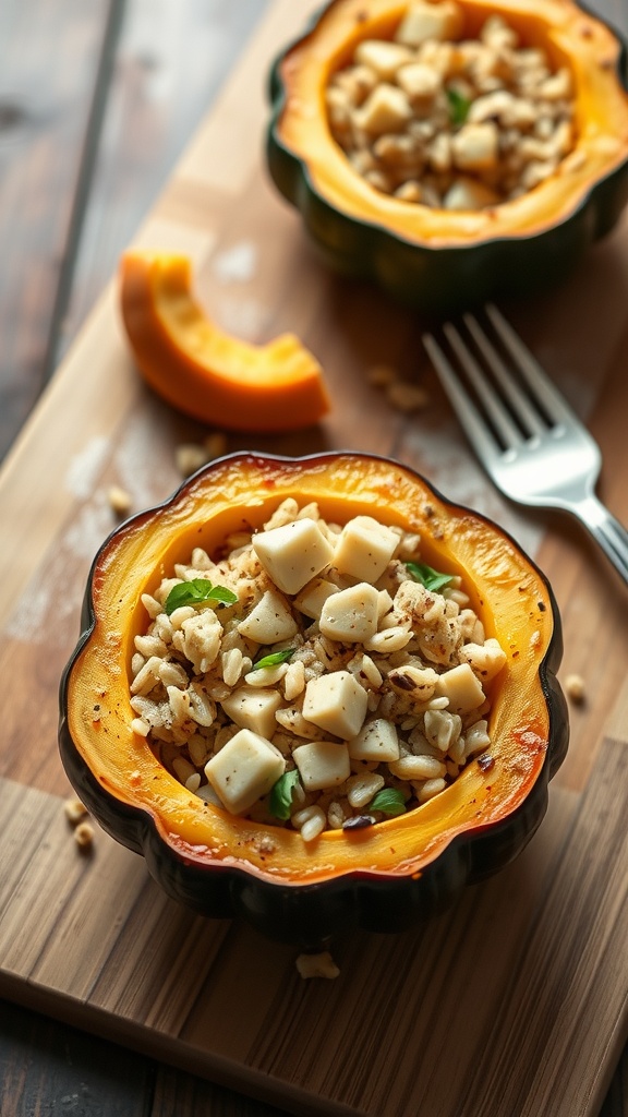 A stuffed acorn squash filled with rice, nuts, and herbs on a wooden cutting board.