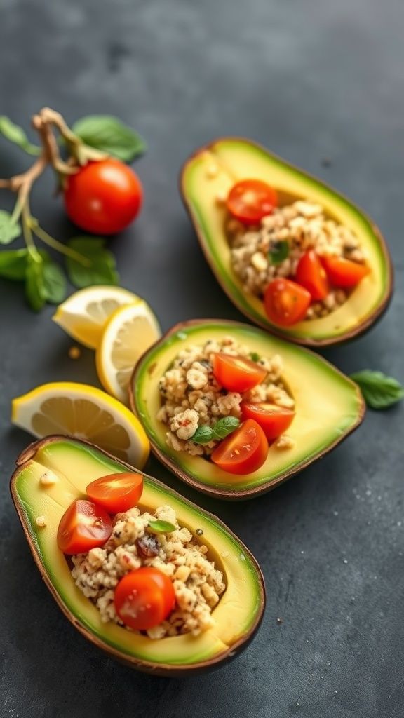 Stuffed avocado halves filled with quinoa salad, topped with cherry tomatoes and lemon wedges