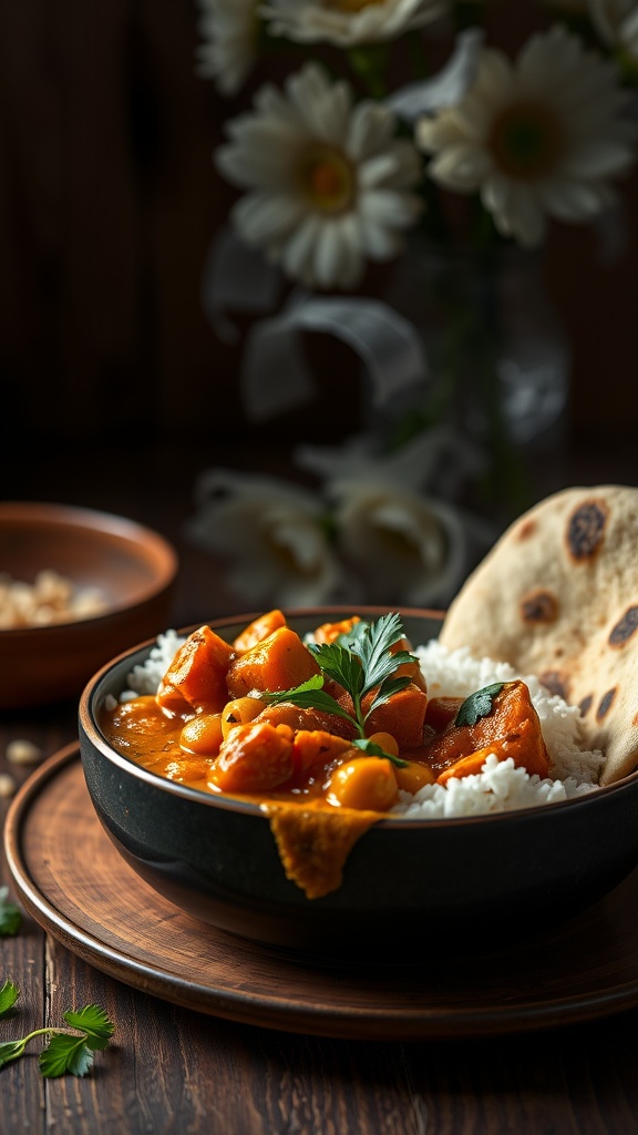 A bowl of Sweet Potato and Chickpea Curry served over rice with a piece of naan and garnished with fresh herbs.