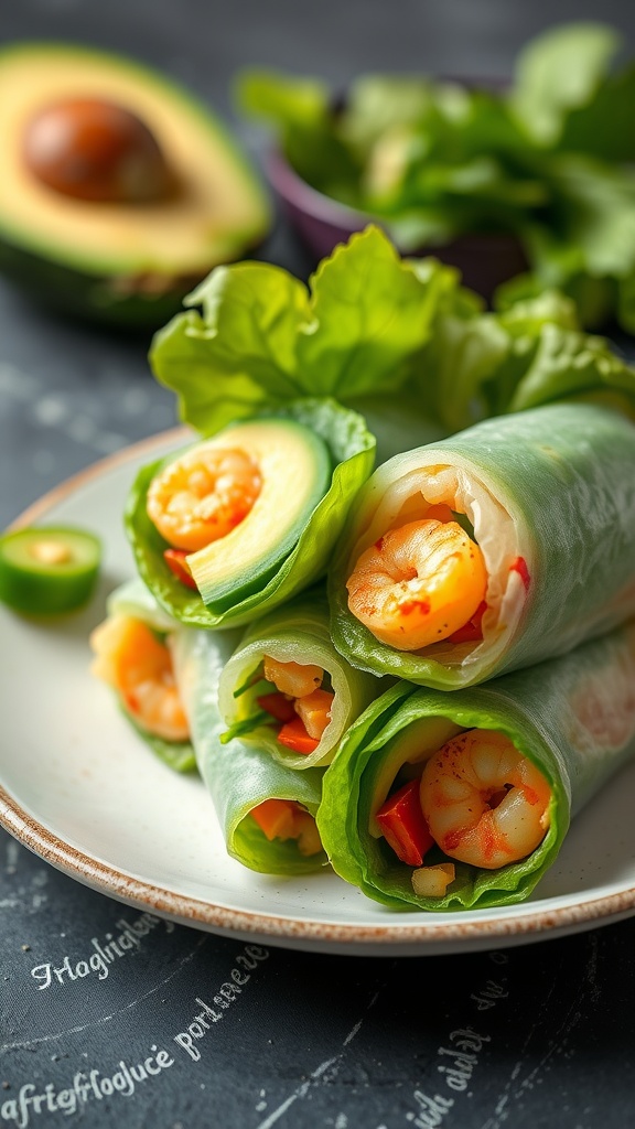 Thai avocado salad rolls with shrimp and lettuce on a plate.