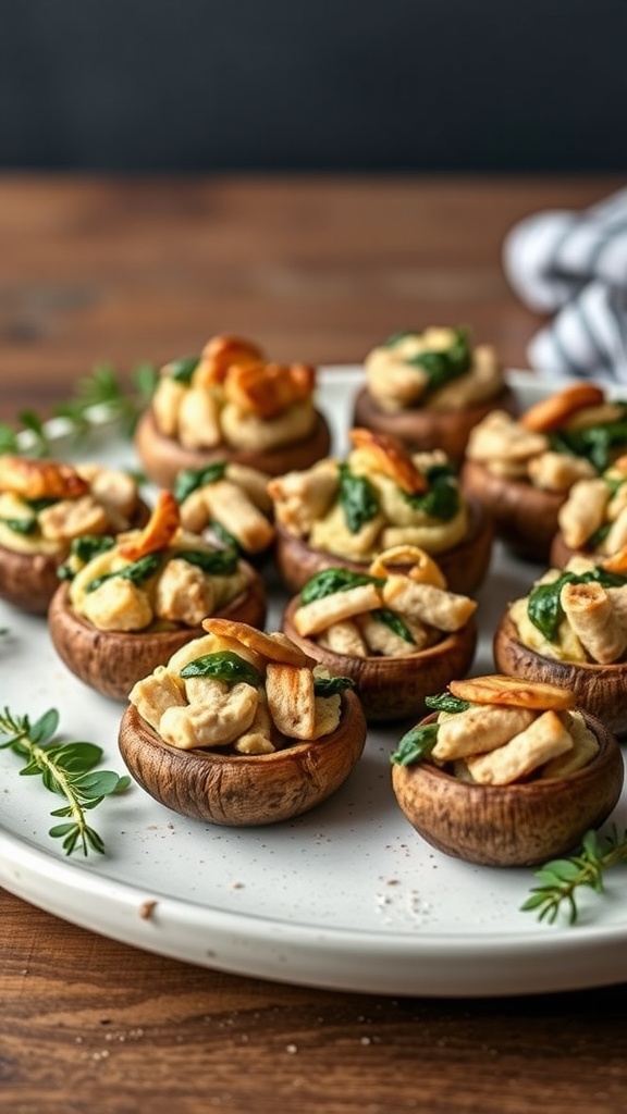 A plate of turkey and spinach stuffed mushrooms, with a focus on the savory filling and baked tops.