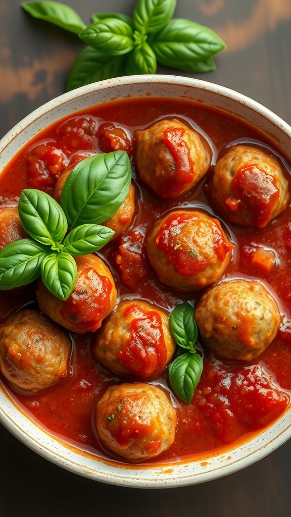 A bowl of turkey meatballs in marinara sauce garnished with fresh basil.