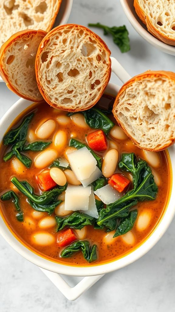 A bowl of Tuscan White Bean and Kale Soup topped with bread slices