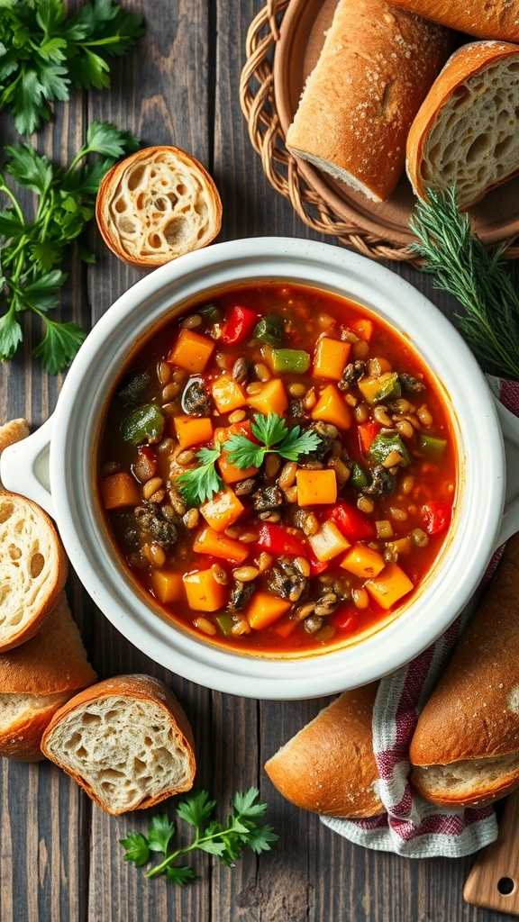 A bowl of vegetable and lentil soup surrounded by fresh bread and herbs