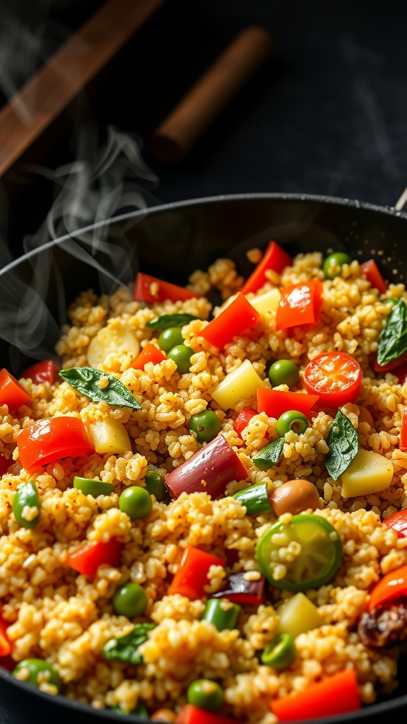 A colorful vegetable and quinoa stir-fry in a pan, with steam rising.