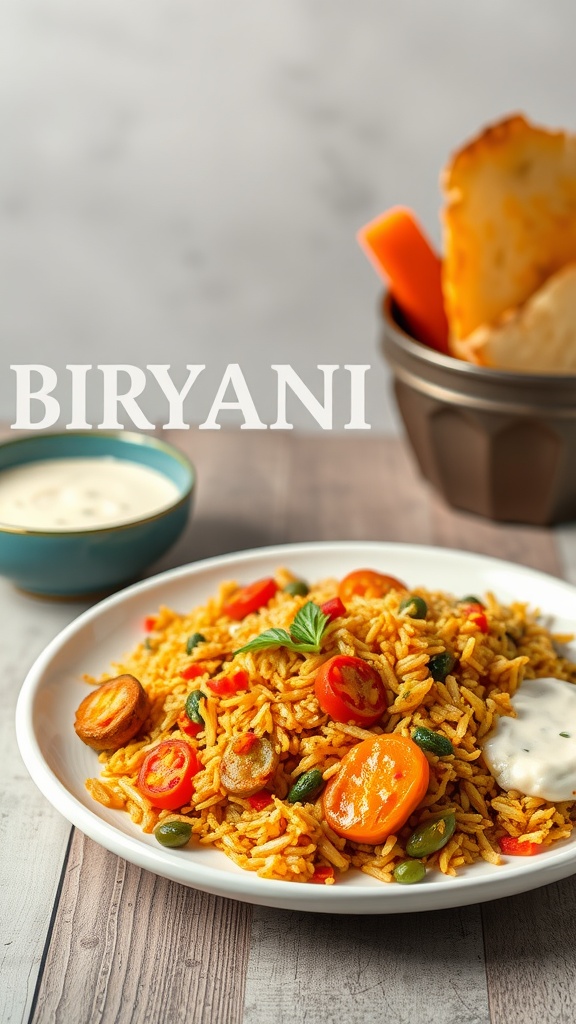 A plate of Vegetable Biryani served with raita and a piece of bread.