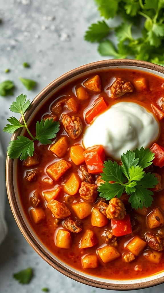 A bowl of vegetarian chili topped with avocado crema and cilantro.