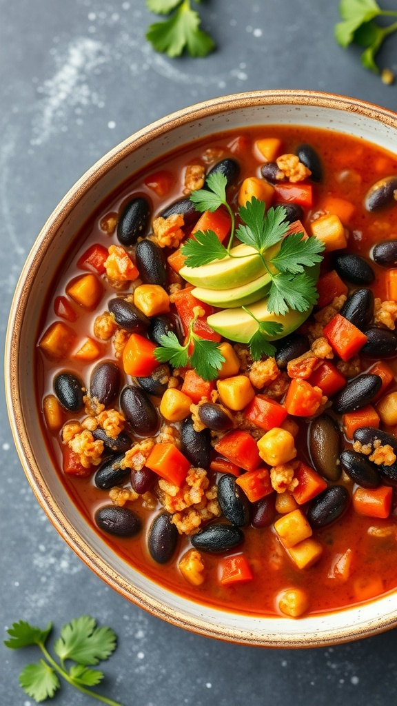 A bowl of vegetarian quinoa and black bean chili topped with avocado and cilantro.