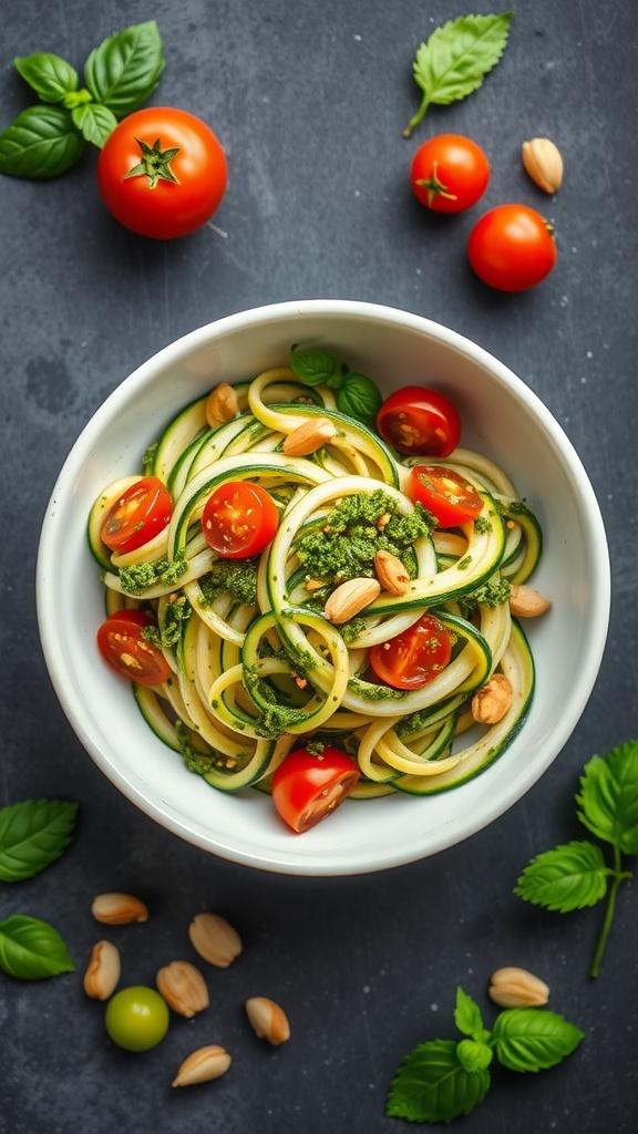 Bowl of zucchini noodles with pesto, cherry tomatoes, and nuts