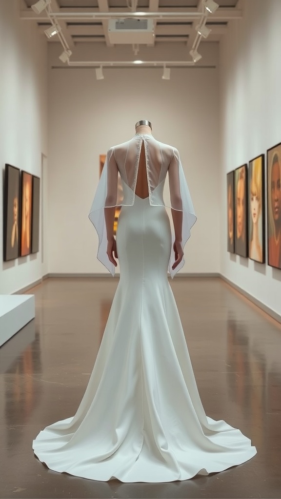 A wedding dress with an asymmetrical hemline and a cape overlay, displayed in an art gallery.