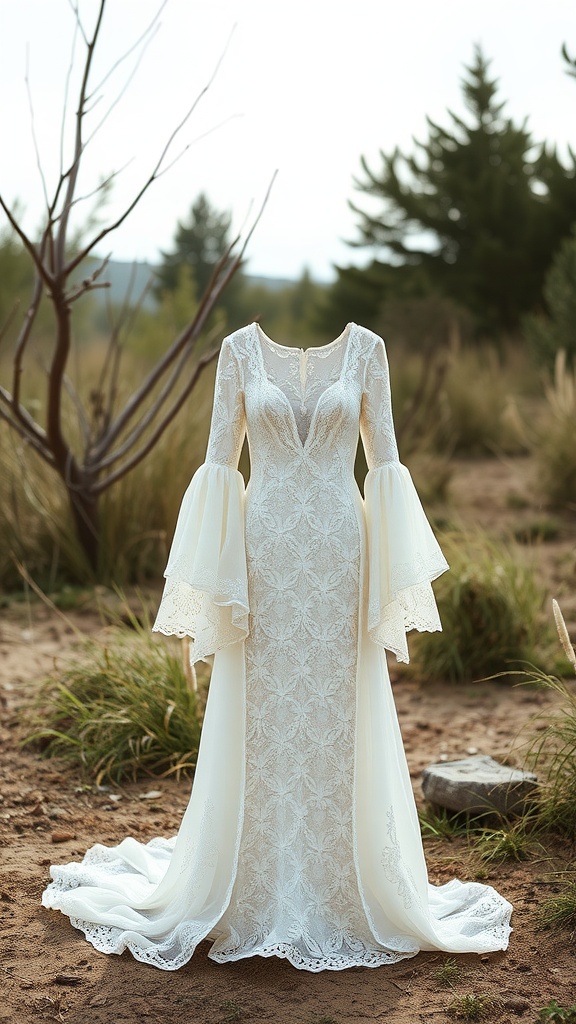 A beautiful Bohemian lace gown with bell sleeves displayed in a natural outdoor setting.