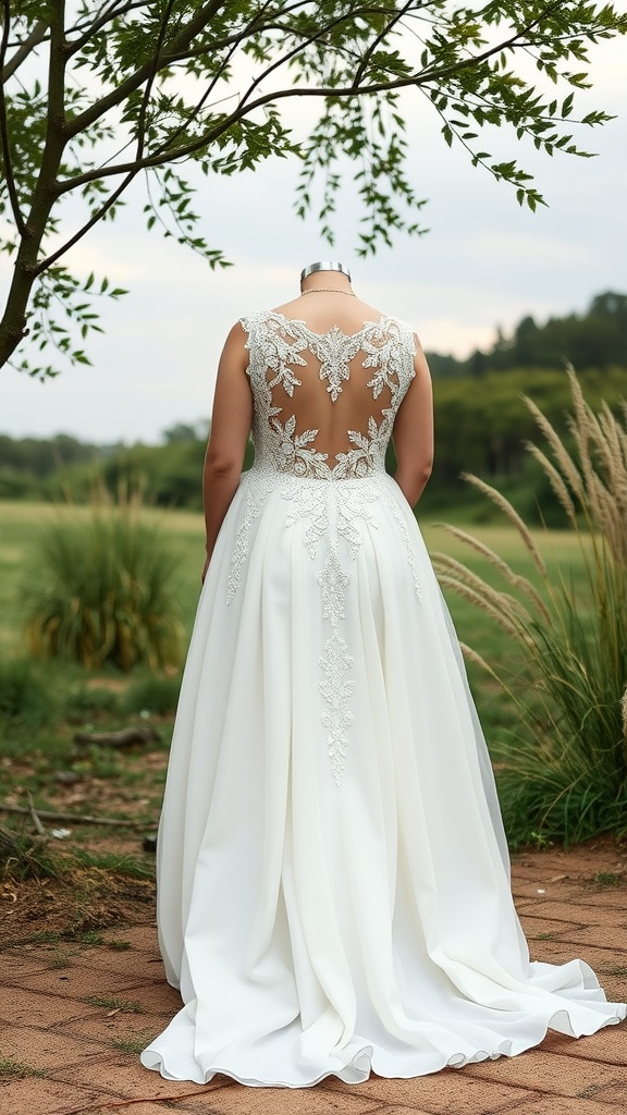 Back view of a plus size bohemian lace maxi wedding dress with intricate detailing.