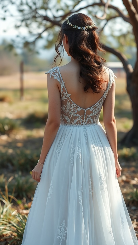 A woman wearing a bohemian wedding dress with a flowing skirt and a delicate lace bodice, seen from the back in a natural outdoor setting.