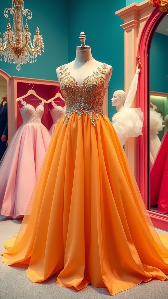 A vibrant orange plus-size wedding dress with intricate embellishments on a mannequin, set against a colorful boutique backdrop.