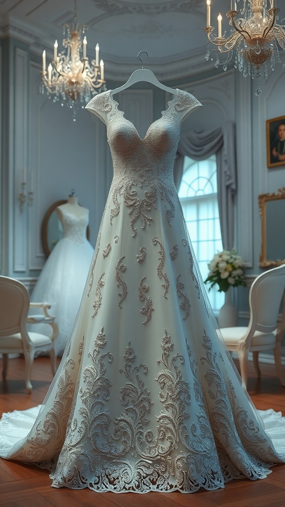 A beautiful wedding dress with intricate sequined patterns displayed in an elegant room