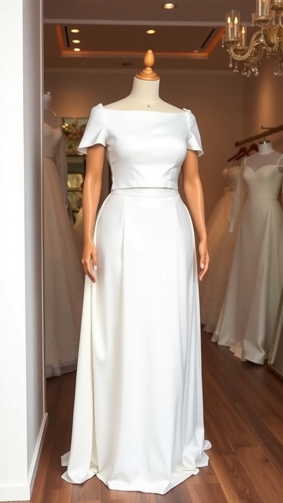 Two-piece plus size wedding dress with a short-sleeved top and a flowing skirt on a mannequin