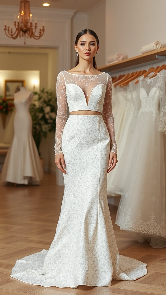 A model showcasing a chic two-piece wedding dress with a shimmering finish, featuring a fitted crop top and a flowing skirt, standing in a bridal shop.