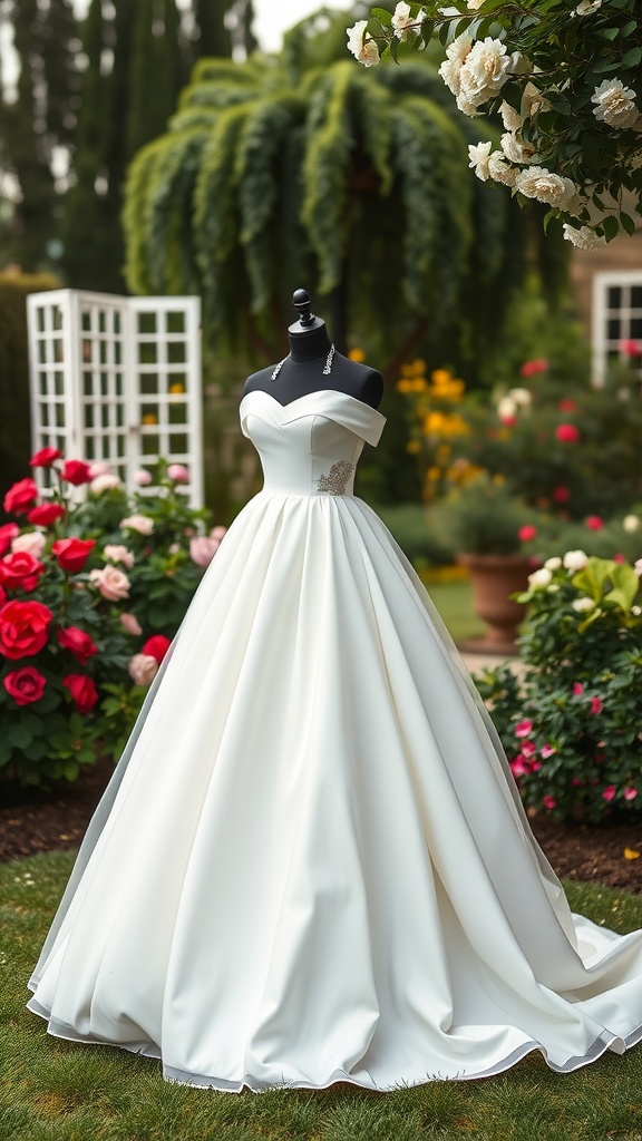 A classic strapless ballgown wedding dress displayed in a garden, featuring a flowing skirt and elegant embellishments.