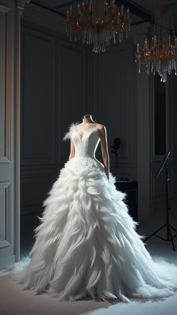 A stunning couture bridal gown designed with feathers, featuring a fitted bodice and a voluminous skirt, set against an elegant backdrop.