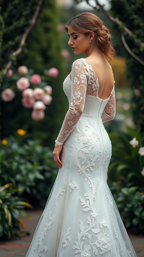 A bride in a white wedding dress with delicate lace sleeves and a flowing skirt, showcasing an elegant back design.