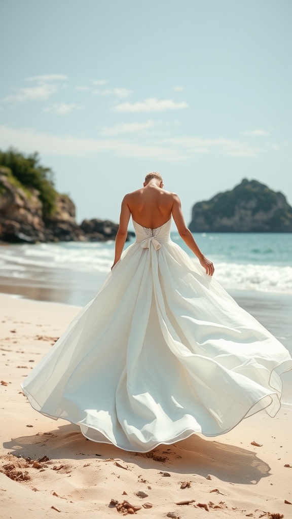 A bride in a white ballgown wedding dress standing on the beach, with a flowing skirt and a serene ocean background.