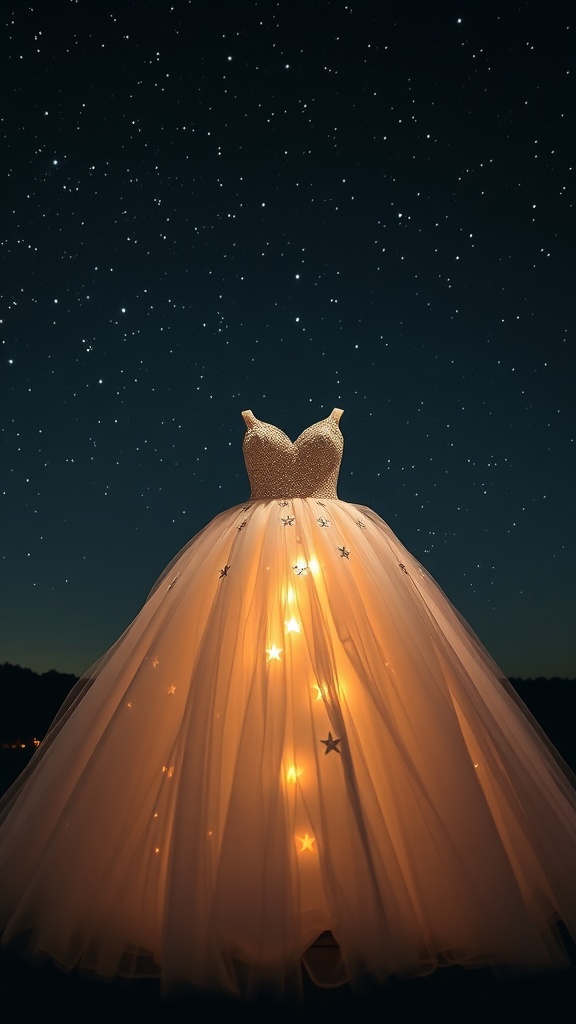 A dreamy tulle wedding dress adorned with starry embellishments under a starry night sky.