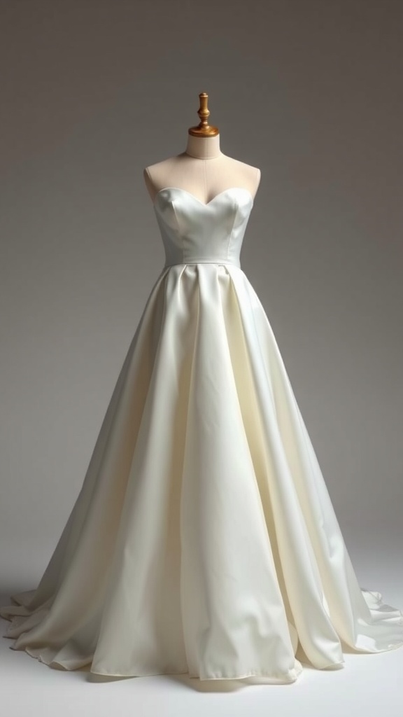 A strapless A-line wedding dress displayed on a mannequin