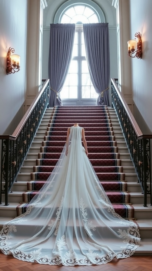 A bride wearing an elegant column dress with a shimmering train standing on a staircase.