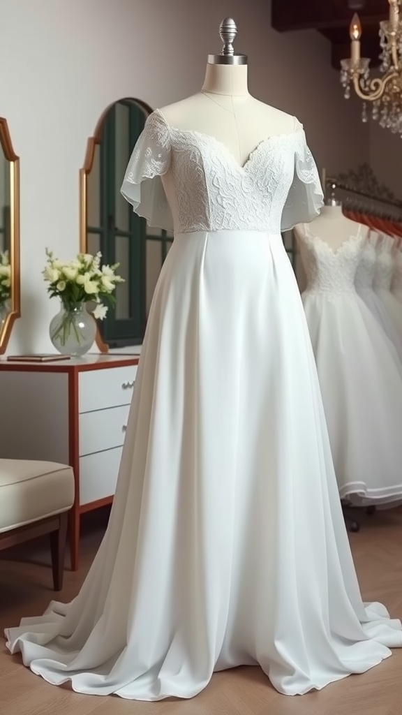 A beautiful off-shoulder plus size wedding gown displayed on a mannequin.