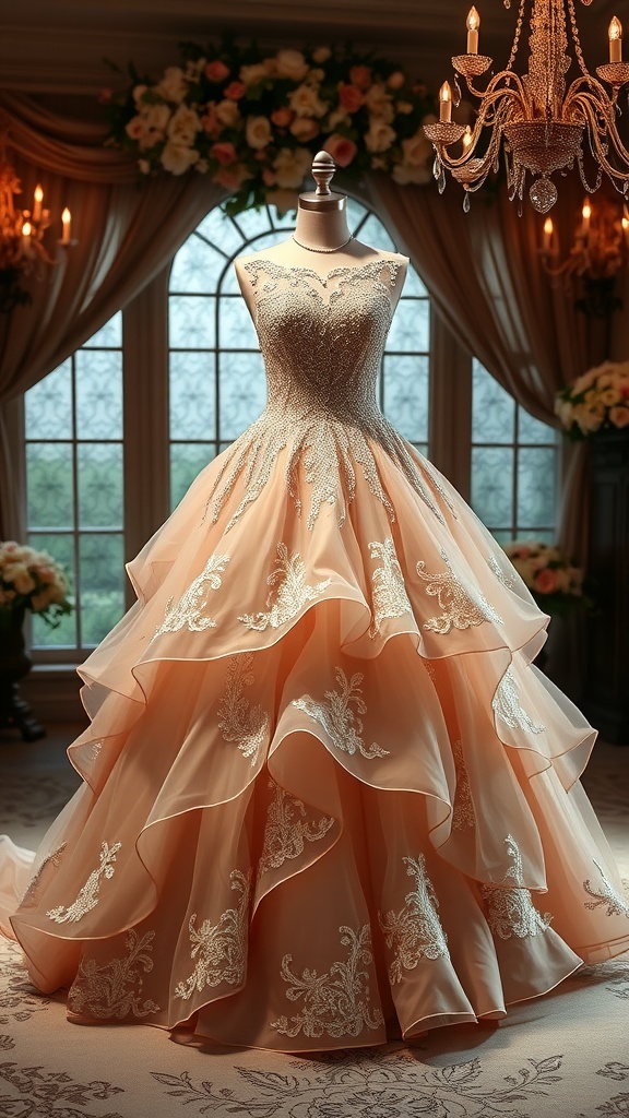 A beautiful peach ball gown wedding dress with cascading layers and intricate embroidery displayed in a romantic setting.