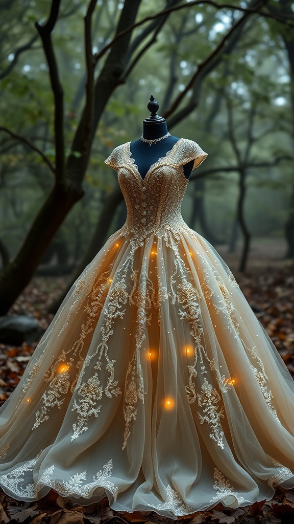 A beautiful enchanted ball gown wedding dress with a glittering skirt displayed in a forest setting.