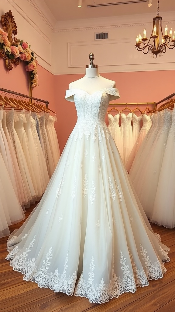 A beautiful off-the-shoulder wedding dress displayed in a bridal shop, featuring intricate lace details and a flowing skirt.