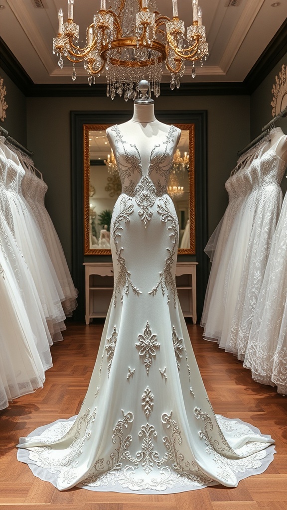 Elegant wedding dress with intricate sparkle elements on display