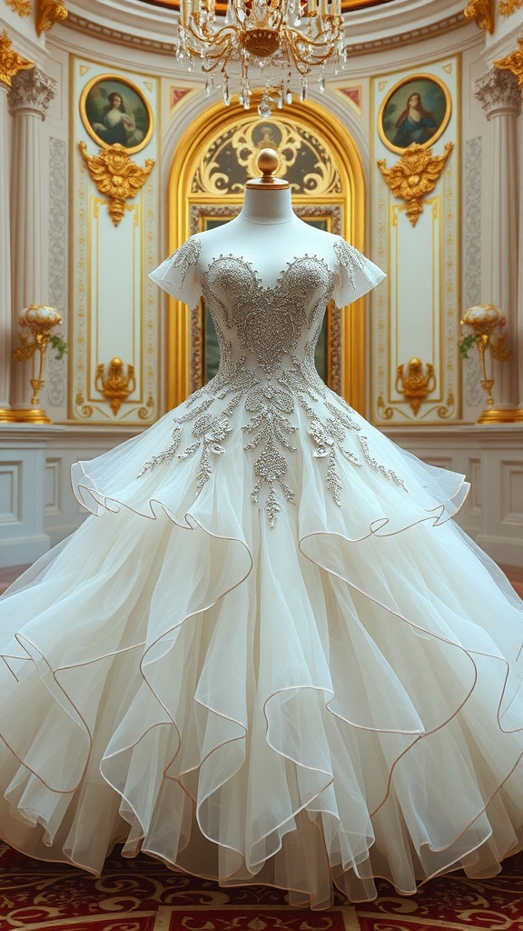 A luxurious princess wedding dress with layered tulle and sparkling embellishments, displayed in an opulent setting.