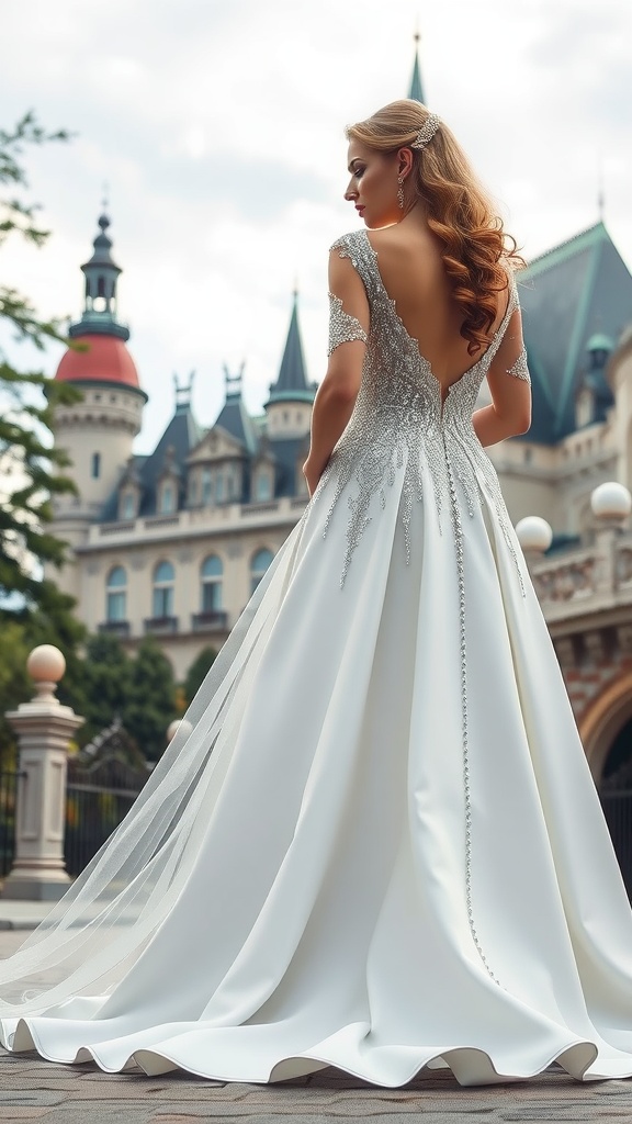 A beautiful A-line wedding dress with crystal accents, showcasing an elegant silhouette against a castle backdrop.