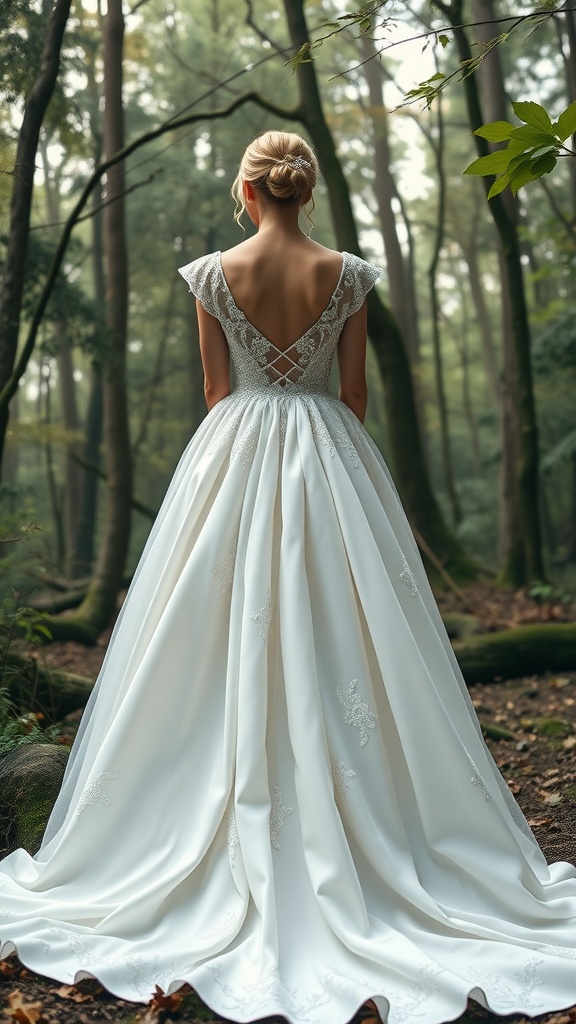 A bride in a fairytale-inspired wedding dress with cap sleeves, showcasing a crisscross back design, set in a lush forest.