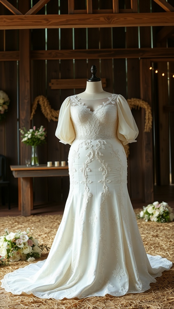 A plus-size wedding dress with feminine puff sleeves displayed on a mannequin in a rustic setting.