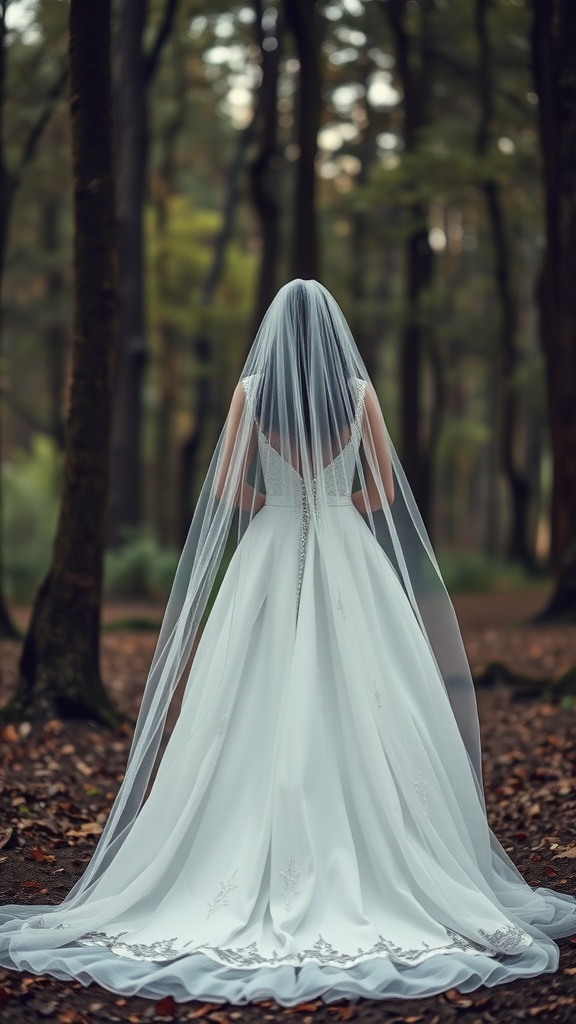 Bride wearing a floor-length veil and a princess-style wedding dress in a forest setting.