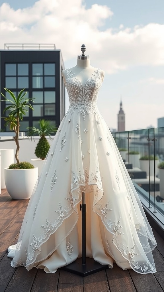 High-low wedding dress with shiny details displayed on a mannequin outdoors