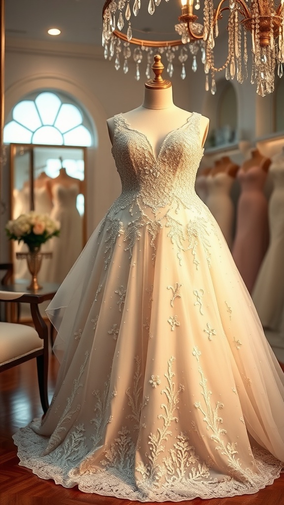 A glamorous plus size wedding gown with sequins and intricate embroidery displayed in a boutique.