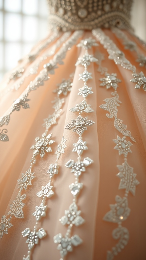 Close-up of a peach-colored princess ballgown wedding dress with intricate beaded embellishments.