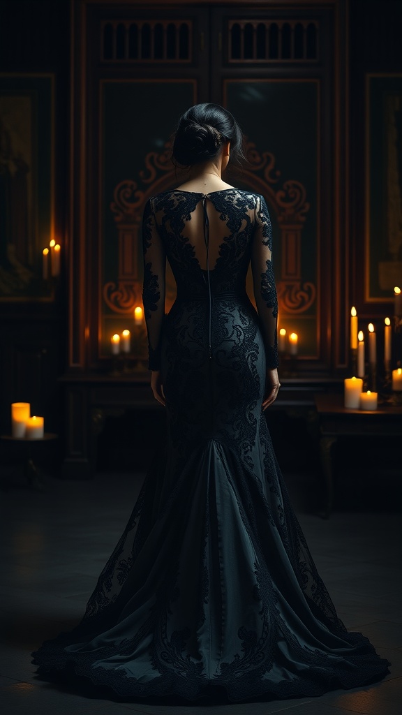 A bride wearing a gothic black lace wedding dress, showcasing intricate details and a dramatic silhouette.