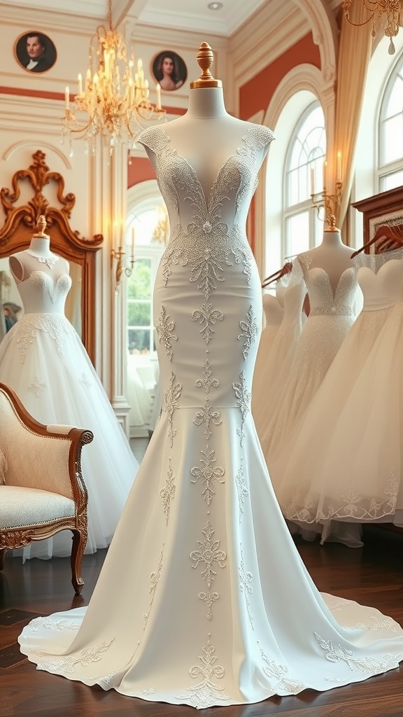 An intricate beaded mermaid wedding dress showcased in an elegant boutique, surrounded by other wedding dresses.