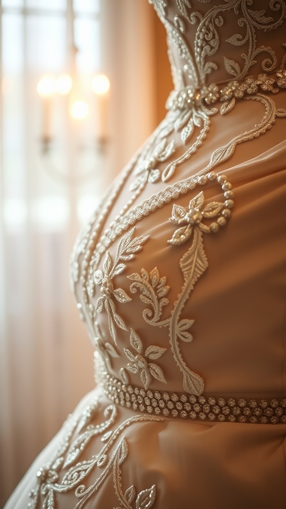 Close-up of a wedding dress with intricate beading and embellishments.